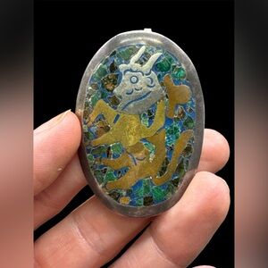 Vintage Taxco Mexico Metales Casados Sterling Silver Brass Copper Pin Pendant 2”